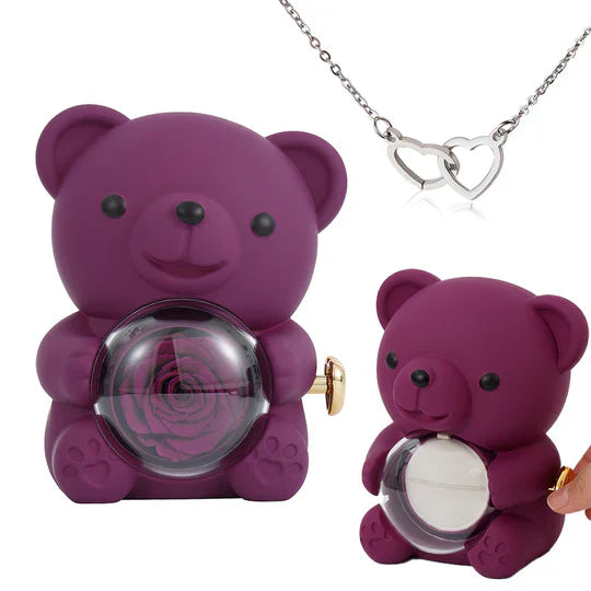 Ours Pivotant avec Rose + Collier Cœur Personnalisé