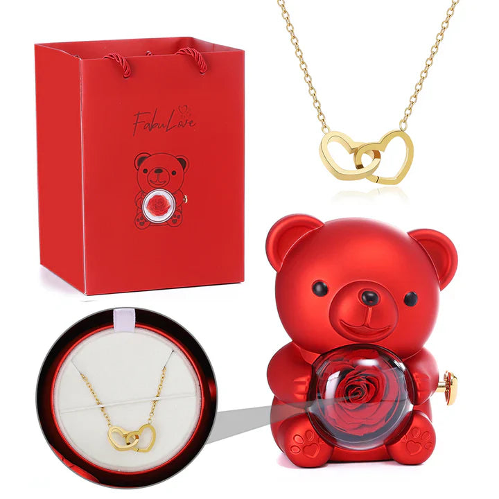 Ours Pivotant avec Rose + Collier Cœur Personnalisé