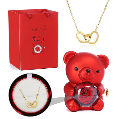 Ours Pivotant avec Rose + Collier Cœur Personnalisé