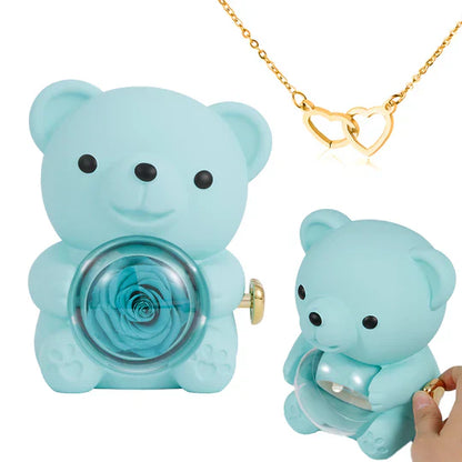 Ours Pivotant avec Rose + Collier Cœur Personnalisé