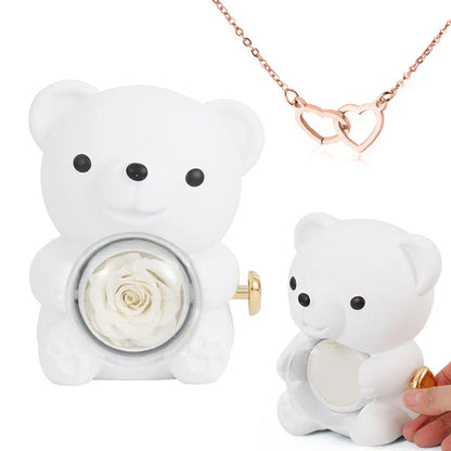 Ours Pivotant avec Rose + Collier Cœur Personnalisé