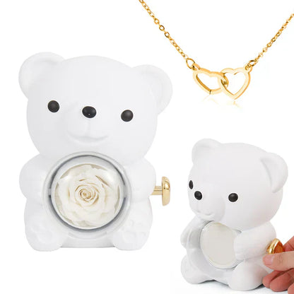 Ours Pivotant avec Rose + Collier Cœur Personnalisé
