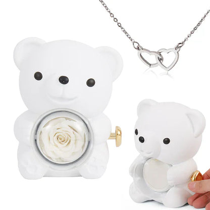 Ours Pivotant avec Rose + Collier Cœur Personnalisé