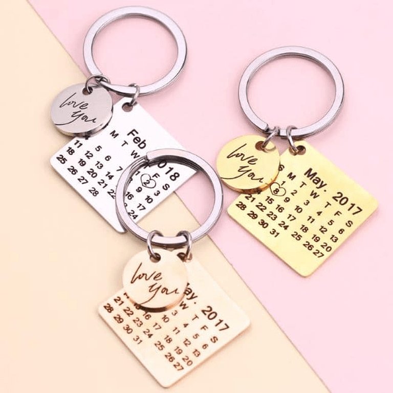 Porte-clés Calendrier JOUR/MOIS/ANNÉE + GRAVURE (jusqu'à 10 lettres)