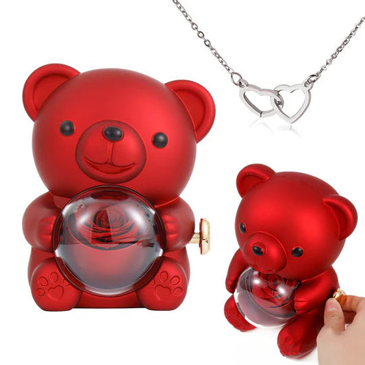 Ours Pivotant avec Rose + Collier Cœur Personnalisé