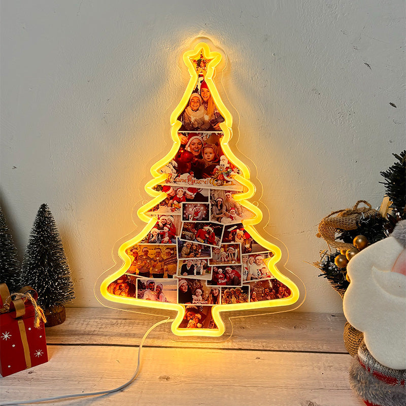 Letrero de neón con foto personalizada de árbol de Navidad