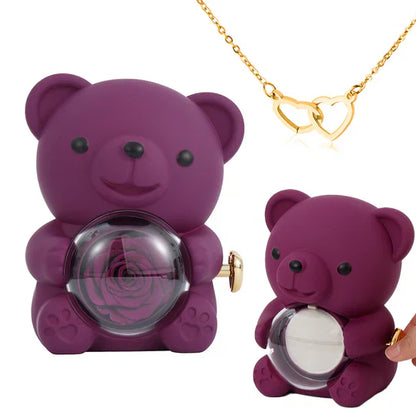Ours Pivotant avec Rose + Collier Cœur Personnalisé