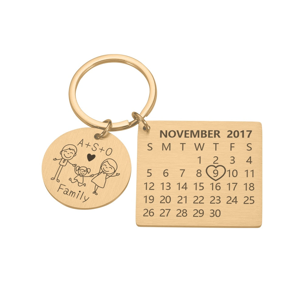 Porte-clés Calendrier JOUR/MOIS/ANNÉE + GRAVURE (jusqu'à 10 lettres)