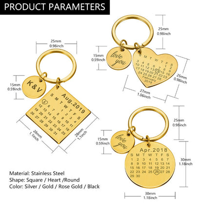Porte-clés Calendrier JOUR/MOIS/ANNÉE + GRAVURE (jusqu'à 10 lettres)