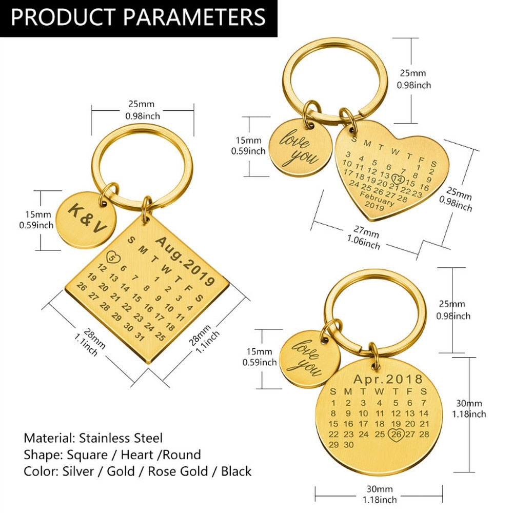Porte-clés Calendrier JOUR/MOIS/ANNÉE + GRAVURE (jusqu'à 10 lettres)