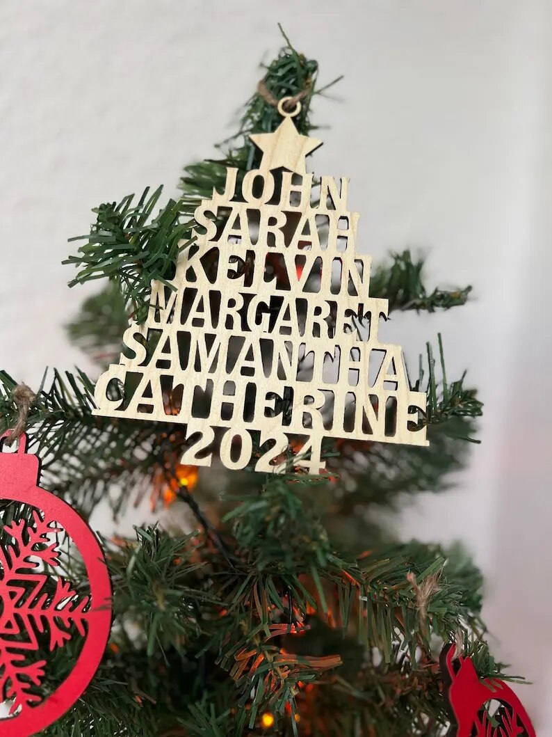Árbol de Navidad Familiar - Adorno Familiar Personalizado - Forma Personalizada de Madera - Regalo de Navidad
