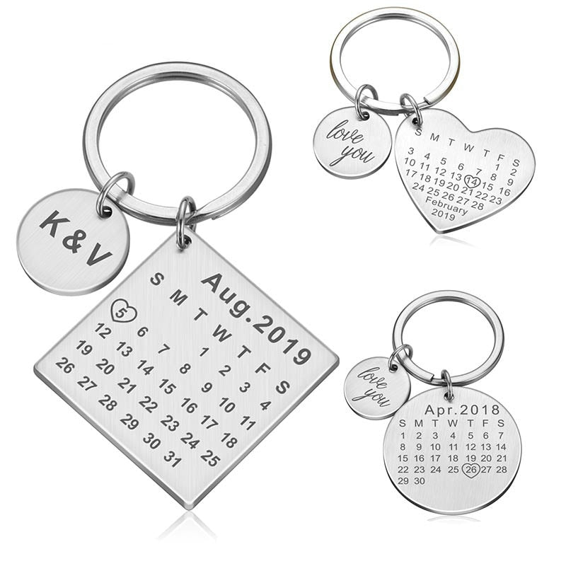 Porte-clés Calendrier JOUR/MOIS/ANNÉE + GRAVURE (jusqu'à 10 lettres)