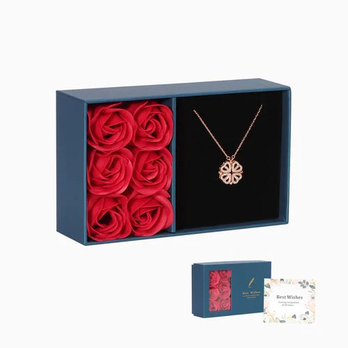 Collier Trèfle à Cœurs + Coffret 6 Roses - Cadeau de Saint-Valentin