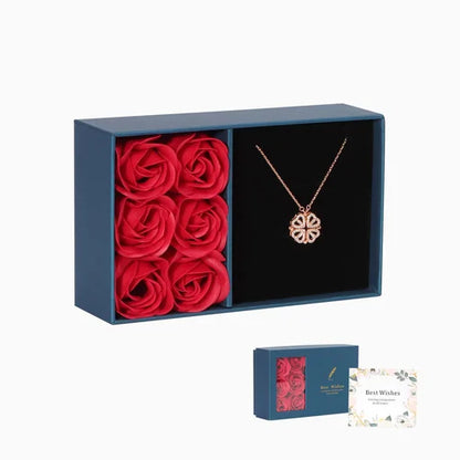 Collier Trèfle à Cœurs + Coffret 6 Roses - Cadeau de Saint-Valentin