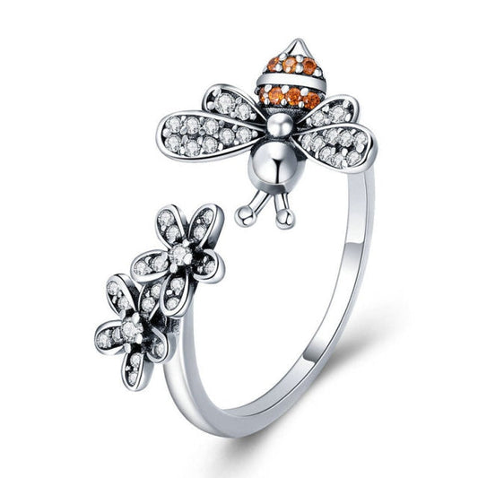 Anillo Ajustable De Abejita - Plata 925 - Piedrecitas De Circonita
