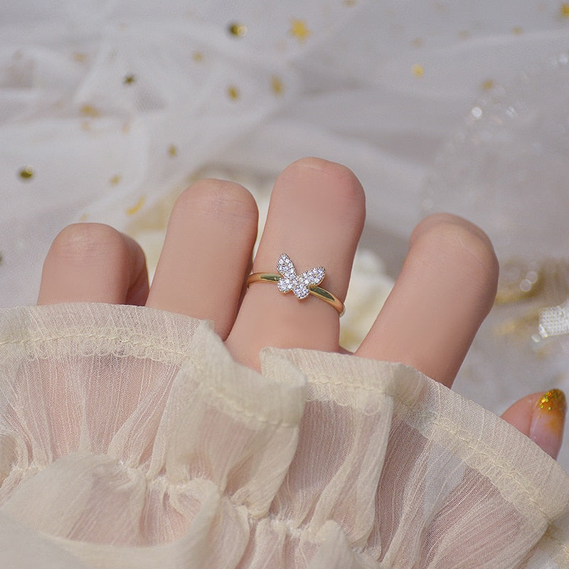 Anillo de Mariposa Ajustable - Bañado en Oro de 14K /