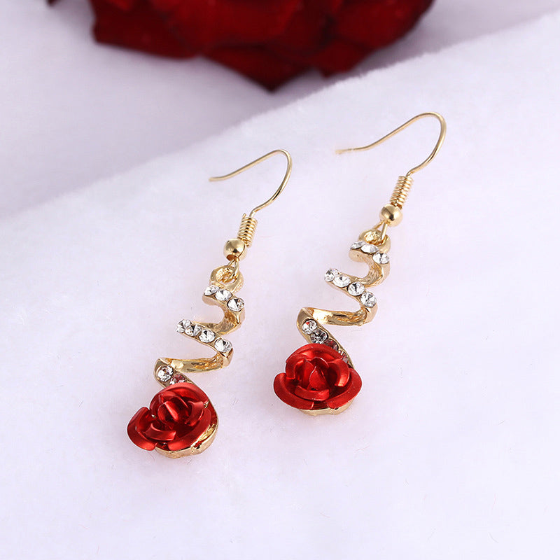 Pendientes largos de rosas rojas - Baño de oro