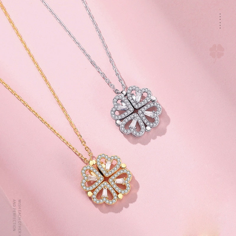Collier Trèfle à Cœurs + Coffret 6 Roses - Cadeau de Saint-Valentin